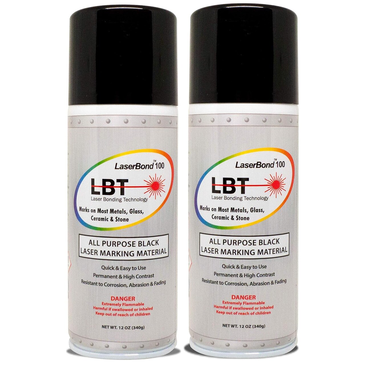 LaserBond 100 Aerosol Black Laser Marking Spray 12oz, Compatible with CO2 Fiber Diode and YAG Laser Engravers, Permanent Marks on Metal Glass Stone and Ceramic (2)